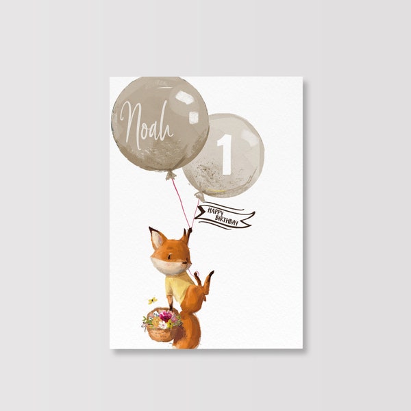 Karte zum Geburtstag | für Kinder | mit Name und Alter | Fuchs mit Luftballons | A6 | Postkarte | mit Umschlag