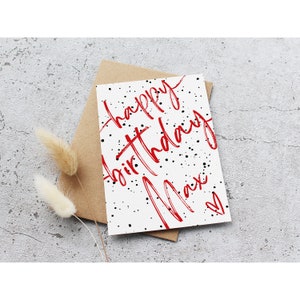 Karte Happy Birthday rot mit Name A6 Aquarellpapier mit Umschlag Bild 2