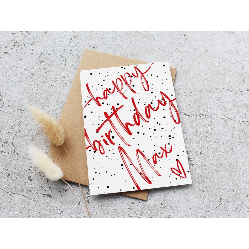 Karte Happy Birthday rot mit Name A6 Aquarellpapier mit Umschlag Bild 2