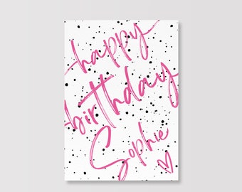 Karte | Happy Birthday | pink | rosa | mit Name | A6 | Aquarellpapier | mit Umschlag