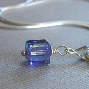 Blue cube Swarovski crystal pendant on a sterling silver chain, dainty necklace, special gift for her, layering necklace