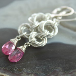 Sterling Silver Dangle Earrings, Pink Cubic Zirconia Drops, Handmade Chain Mail Earrings, Classy Gift for Wife, Dainty Lightweight Earrings