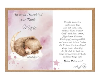 Christening certificate for godchild with teddy bear – Personalized christening gift (168)