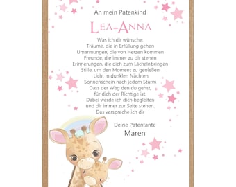 Godparent letter, baptismal certificate with giraffe, gift for baptism, birth (106)