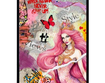 Never Give Up – Pink Queen Collage Poster, Feminine Wall Art, Self Love Decor, Fashion Style Artwork 18