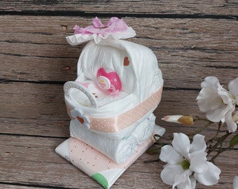 Pastel de pañales / Carrito de pañales Niña / Marrón rosa / Regalo de pañales / Regalo para bautismo / Nacimiento o Baby Shower