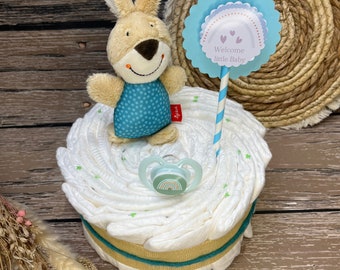 Diaper Cake Blue / Cadeau de couche / Naissance du baptême Baby Shower / Cadeau de bébé neutre / Diaper Cake Boy / Cadeau de gâteau de couches / Lapin