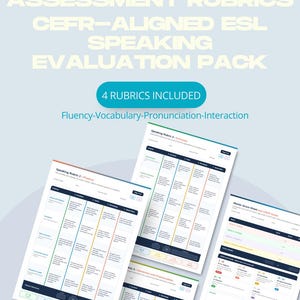 May include: A digital speaking assessment evaluation pack featuring four CEFR-aligned rubrics for fluency, vocabulary, pronunciation, and interaction. The document includes detailed criteria tables, a master score sheet, and a CEFR guide for ESL teachers.