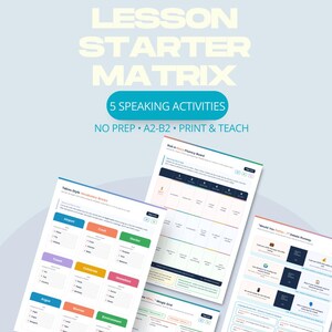 May include: A Speak-Easy Lesson Starter Matrix educational document featuring five speaking activities. The pages include a Taboo-Style Vocabulary Bricks sheet, a Roll-A-Story Fluency Board, a Mingle Grid, and a Would You Rather Debate Runway.