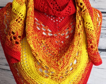 Shoulder shawl, triangular shawl, crocheted, red/yellow