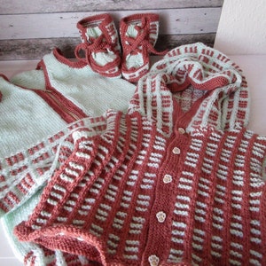 Baby set size 68/74 (overall, hooded jacket, booties), color: mint/copper, hand-knitted