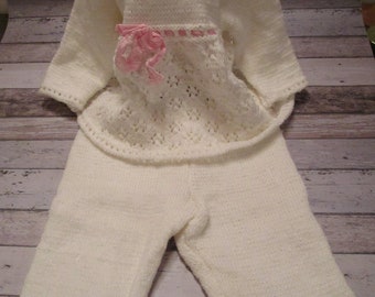 Baby-Set ( Hose und Pullover)Gr. 74, handgestrickt,  weiß