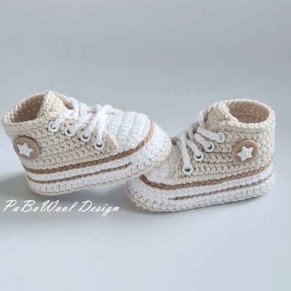 Hellbeige/Dunkelbeige gehäkelte Babyturnschuhe  gehäkelte Babysneaker gehäkelte Babyschuhe Babysportschuhe Babyschnürschuhe mit Ösen Unisex