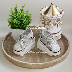 Light grey and other colours made of 100% baby organic cotton crocheted baby sneakers, crocheted baby sneakers, double sole, eyelets, laces image 1