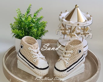 Sand(beige) and other colors made of 100% baby organic cotton crocheted baby sneakers, crocheted baby sneakers, double sole, eyelets, laces