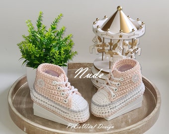 Nude and other colors made of 100% baby organic cotton crocheted baby sneakers, crocheted baby sneakers, double sole, eyelets, laces