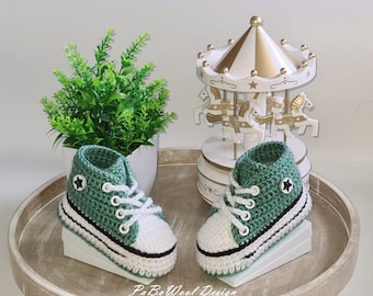 Millitary Green crochet baby shoes, crochet baby sneakers, crochet baby sneakers, crochet baby sports shoes, baby lace-up shoes with eyelets