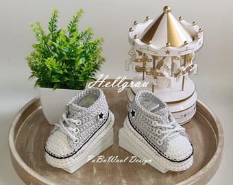 Light grey and other colours made of 100% baby organic cotton crocheted baby sneakers, crocheted baby sneakers, double sole, eyelets, laces