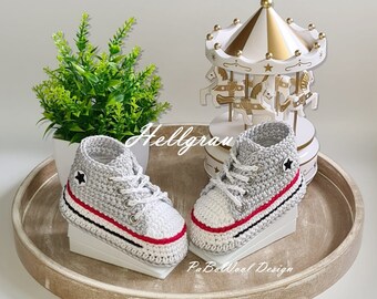 Light grey and other colours made of 100% baby organic cotton crocheted baby sneakers, crocheted baby sneakers, double sole, eyelets, laces