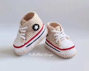 Beige crocheted baby sneakers, crocheted baby sneakers, crocheted baby shoes, baby sports shoes, baby lace-up shoes with eyelets and laces