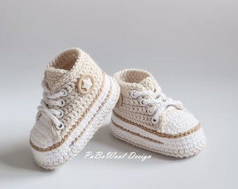 Light beige/beige crocheted baby sneakers, crocheted baby sneakers, crocheted baby shoes, baby sports shoes, baby lace-up shoes with eyelets, unisex