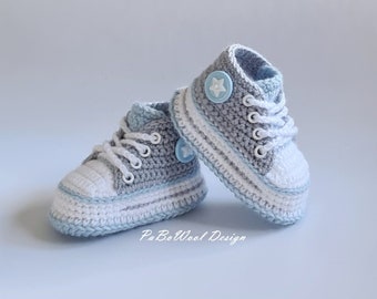 Silver gray/light blue crocheted baby sneakers, crocheted baby sneakers, crocheted baby shoes, crocheted baby sports shoes, crocheted baby lace-up shoes