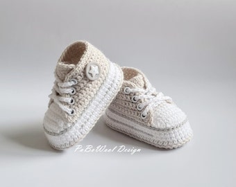 Light beige/light gray crocheted baby sneakers, crocheted baby sneakers, crocheted baby shoes, baby sports shoes, baby lace-up shoes with eyelets, unisex