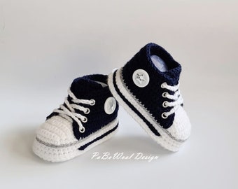 Midnight blue crochet baby sneakers, crochet baby sneakers, crochet baby shoes, baby sports shoes, baby lace-up shoes with eyelets