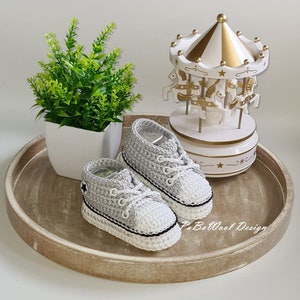 Light grey and other colours made of 100% baby organic cotton crocheted baby sneakers, crocheted baby sneakers, double sole, eyelets, laces image 3