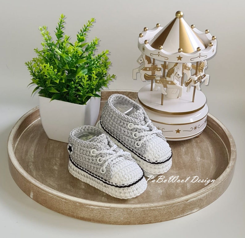 Light grey and other colours made of 100% baby organic cotton crocheted baby sneakers, crocheted baby sneakers, double sole, eyelets, laces image 3