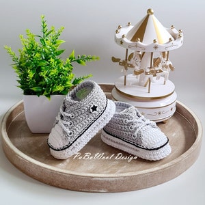 Light grey and other colours made of 100% baby organic cotton crocheted baby sneakers, crocheted baby sneakers, double sole, eyelets, laces image 6