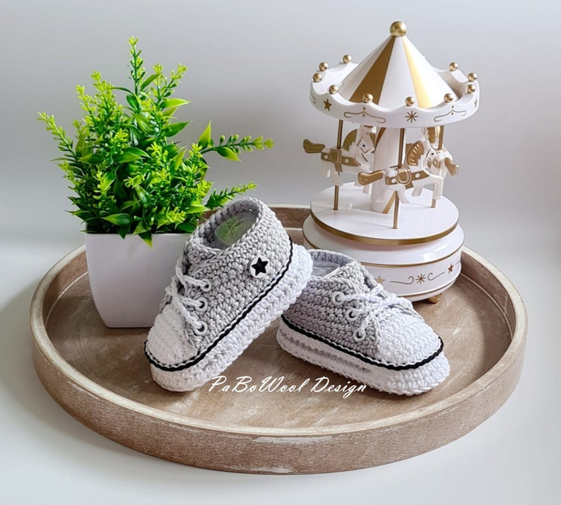 Light grey and other colours made of 100% baby organic cotton crocheted baby sneakers, crocheted baby sneakers, double sole, eyelets, laces image 6