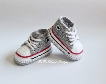 Grau gehäkelte Babyturnschuhe gehäkelte Babysneaker gehäkelte Babyschuhe  gehäkelte Babysportschuhe Babyschnürschuhe mit Ösen Unisex