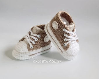 Dark beige/light beige crocheted baby sneakers, crocheted baby sneakers, crocheted baby shoes, baby sports shoes, baby lace-up shoes with eyelets, unisex