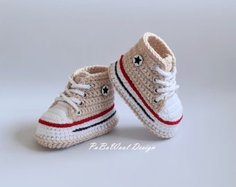 Beige crocheted baby sneakers, crocheted baby sneakers, crocheted baby shoes, baby sports shoes, baby lace-up shoes with eyelets and laces