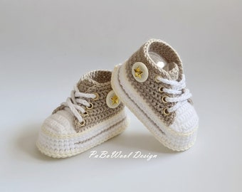 Linen beige/cream crocheted baby sneakers, crocheted baby sneakers, crocheted baby shoes, crocheted baby sports shoes with eyelets and laces