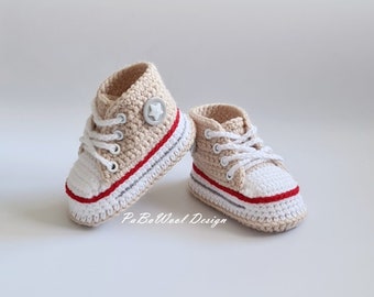 Beige crocheted baby sneakers, crocheted baby sneakers, crocheted baby shoes, baby sports shoes, baby lace-up shoes with eyelets and laces