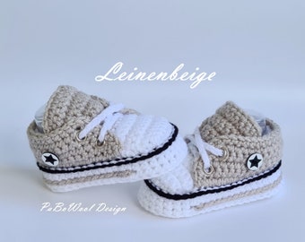 Linen beige crocheted baby sneakers, crocheted baby shoes, crocheted baby sneakers, crocheted baby sports shoes, baby lace-up shoes
