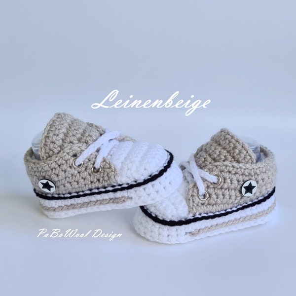 Leinenbeige gehäkelte Babyturnschuhe ghäkelte Babyschuhe gehäkelte Babysneaker gehäkelte  Babysportschuhe Babyschnürschuhe