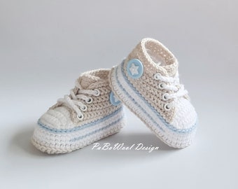 Baskets bébé au crochet beige clair/bleu clair, baskets bébé au crochet, chaussures bébé au crochet, chaussures de sport bébé, chaussures à lacets bébé avec œillets, unisexe