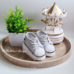 Light grey and other colours made of 100% baby organic cotton crocheted baby sneakers, crocheted baby sneakers, double sole, eyelets, laces image 7