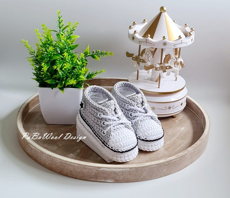 Light grey and other colours made of 100% baby organic cotton crocheted baby sneakers, crocheted baby sneakers, double sole, eyelets, laces image 7