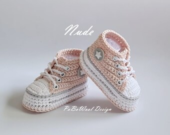 Nude crocheted baby sneakers, 100% baby organic cotton crocheted baby sneakers, double sole, eyelets, laces