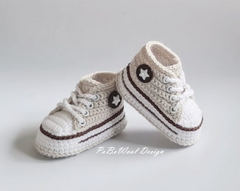 Light beige/mocha brown crocheted baby sneakers, crocheted baby sneakers, crocheted baby shoes, baby sports shoes, baby lace-up shoes with eyelets, unisex