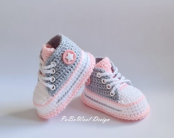 Silver gray/pink crocheted baby sneakers, crocheted baby sneakers, crocheted baby shoes, crocheted baby sports shoes, crocheted baby lace-up shoes