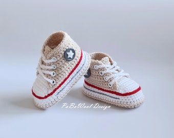 Beige crocheted baby sneakers, crocheted baby sneakers, crocheted baby shoes, baby sports shoes, baby lace-up shoes with eyelets and laces