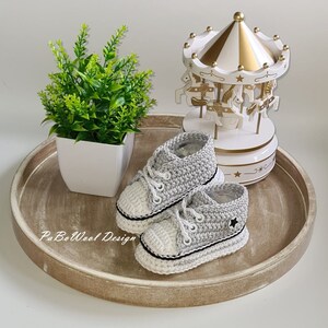 Light grey and other colours made of 100% baby organic cotton crocheted baby sneakers, crocheted baby sneakers, double sole, eyelets, laces image 5