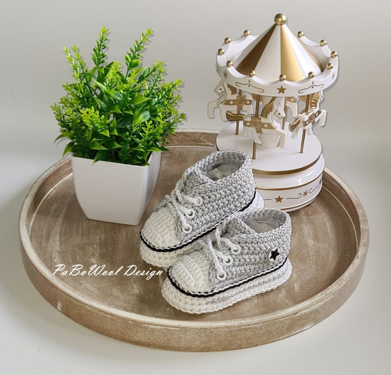 Light grey and other colours made of 100% baby organic cotton crocheted baby sneakers, crocheted baby sneakers, double sole, eyelets, laces image 5