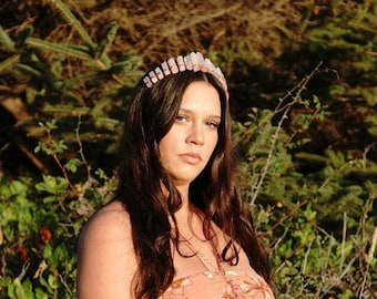 Rose Quartz Crystal Crown, Boho Wedding Photoshooot Gemstone Headband