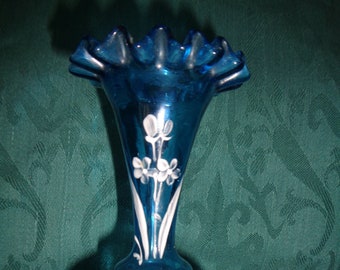 Vintage:Mini-Vase*Zauberhaft*Blau*Weiße Malerei*Glas mit "Rüsche"*Wunderschön*